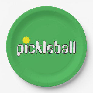 Festive PICKLEBALL Text Bright Green Background Paper Plate