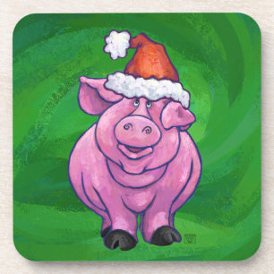Festive Pig in Santa Hat on Green Coaster