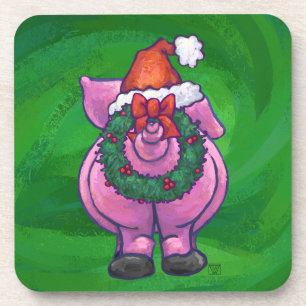 Festive Pig in Santa Hat on Green Coaster