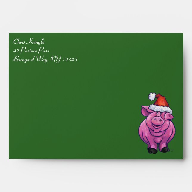 Festive Pig in Santa Hat on Green Envelope (Front)