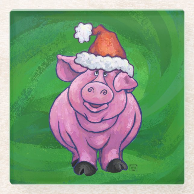 Festive Pig in Santa Hat on Green Glass Coaster (Front)