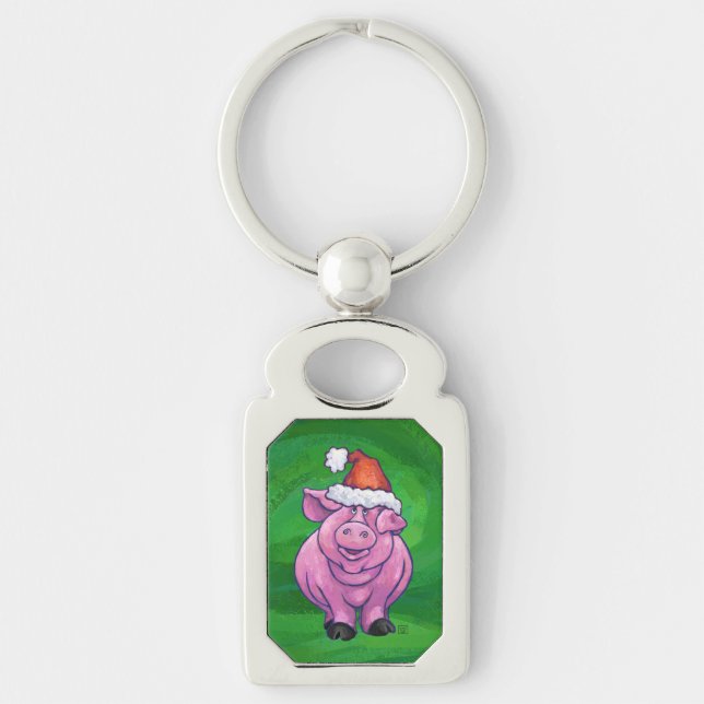 Festive Pig in Santa Hat on Green Key Ring (Front)
