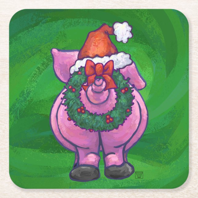 Festive Pig in Santa Hat on Green Square Paper Coaster (Front)