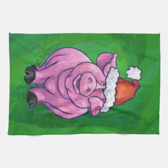 Festive Pig in Santa Hat on Green Tea Towel (Horizontal)