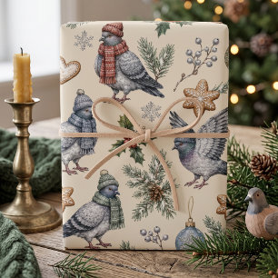 Festive Pigeons & Biscuits Wrapping Paper