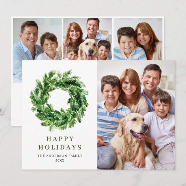 Festive Pine Branch Wreath Christmas Pine 4 PHOTO Holiday Card (Front/Back)
