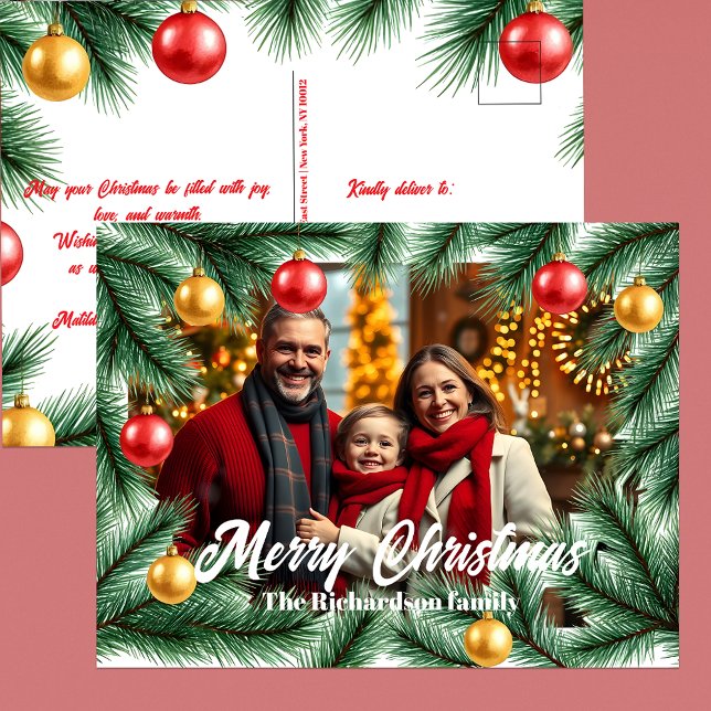 Festive Pine Branches and Balls Photo Christmas Holiday Postcard (Creator Uploaded)