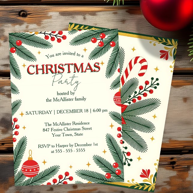 Festive Pine Branches Red Berries Christmas Party Invitation (Creator Uploaded)