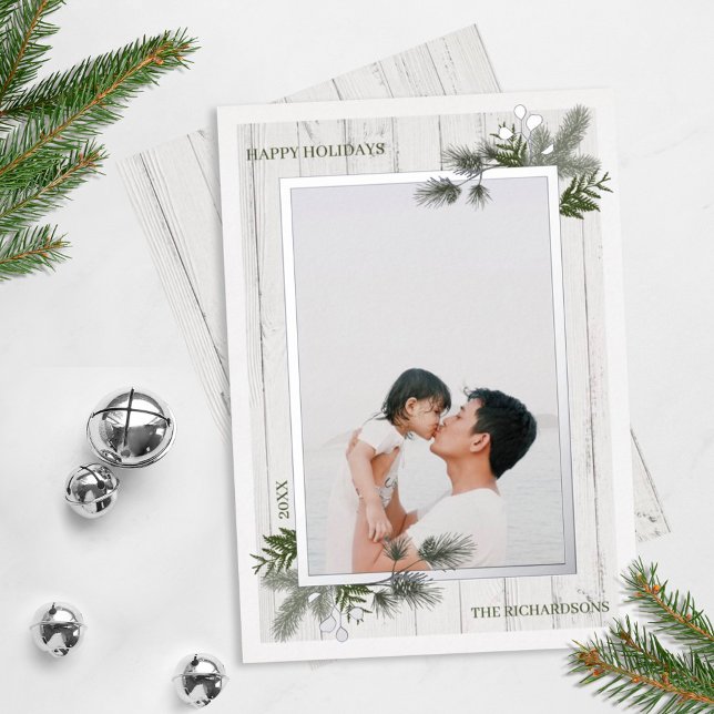 Festive Pine & Rustic White Wooden Shiplap Photo Foil Holiday Card (Creator Uploaded)