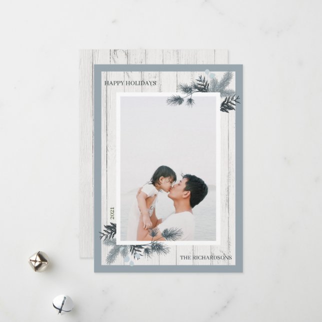 Festive Pine & Rustic White Wooden Shiplap Photo Holiday Card (Front/Back In Situ)