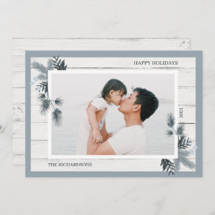 Festive Pine & Rustic White Wooden Shiplap Photo Holiday Card