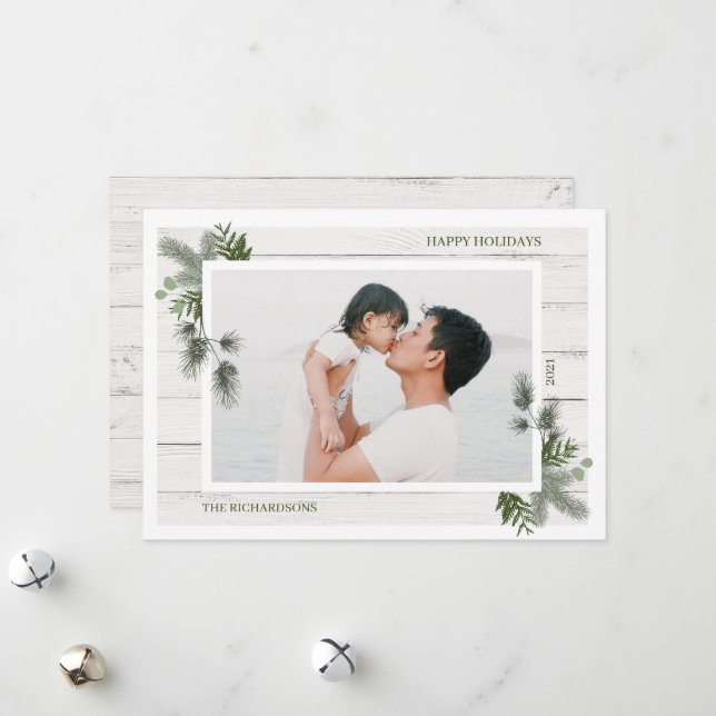 Festive Pine & Rustic White Wooden Shiplap Photo Holiday Card (Front/Back In Situ)