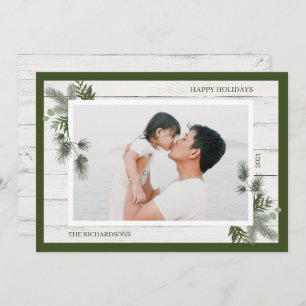 Festive Pine & Rustic White Wooden Shiplap Photo Holiday Card