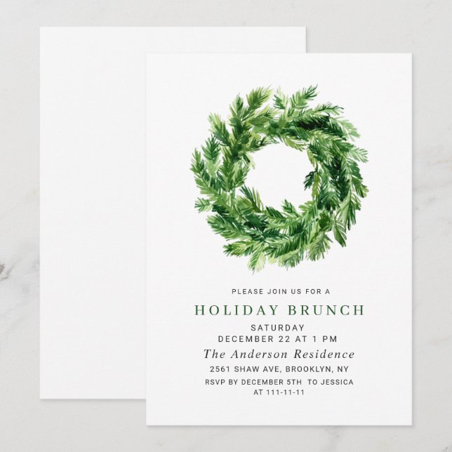 Festive Pine Wreath Christmas Holiday BRUNCH Invitation (Front/Back)