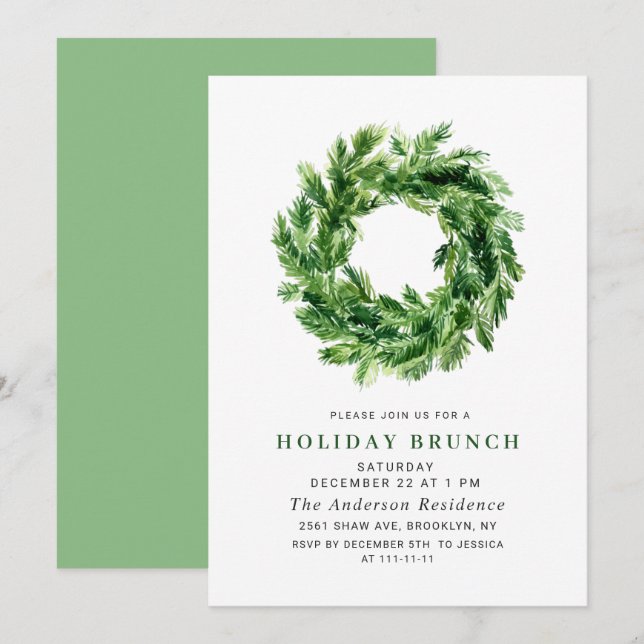 Festive Pine Wreath CHRISTMAS HOLIDAY BRUNCH Invitation (Front/Back)