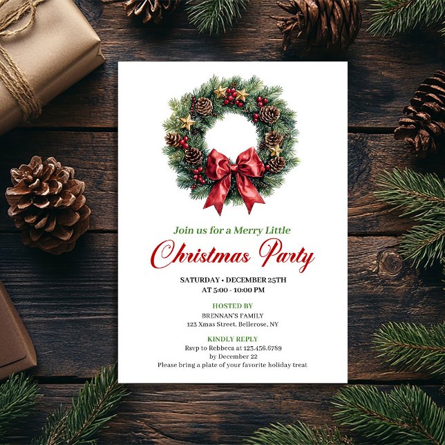 Festive Pine Wreath Christmas Party Editable Card (Festive Pine Wreath Christmas Party Editable Card)