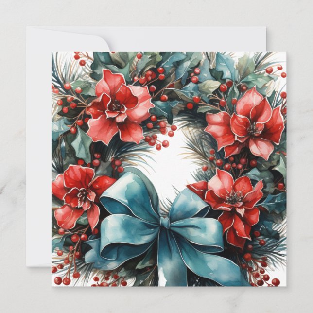 Festive Pine Wreath with Holly Christmas Invitation (Front)