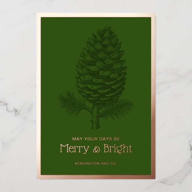 Festive Pinecone Merry & Bright Christmas Foil Holiday Card (Front)
