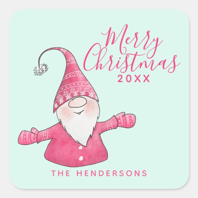Festive Pink and Mint Cute Gnome Merry Christmas Square Sticker (Front)
