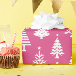Festive Pink and White Christmas Tree Pattern Wrapping Paper