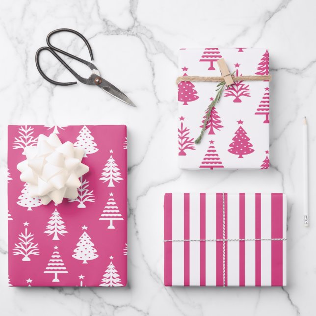 Festive Pink and White Christmas Tree Pattern Wrapping Paper Sheet (Front)
