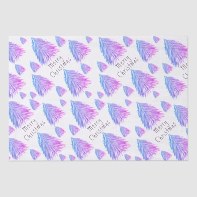 Festive Pink Blue Christmas Tree Watercolor Tissue Paper (Front)