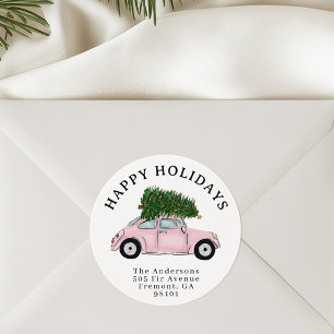 Festive Pink Car Christmas Tree Return Address Classic Round Sticker