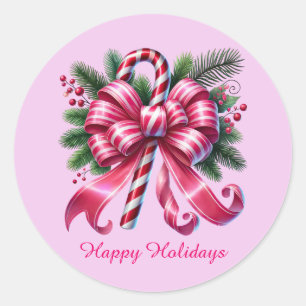 Festive pink Christmas customisable candy cane Classic Round Sticker