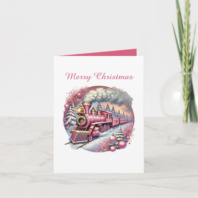 Festive pink Christmas customisable train Holiday Card (Front)