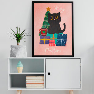 Festive Pink Christmas Cute Cat Coffee Wall Art
