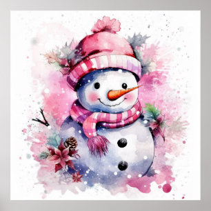 Festive pink Christmas snow woman  Poster