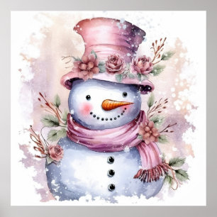 Festive pink Christmas snow woman  Poster