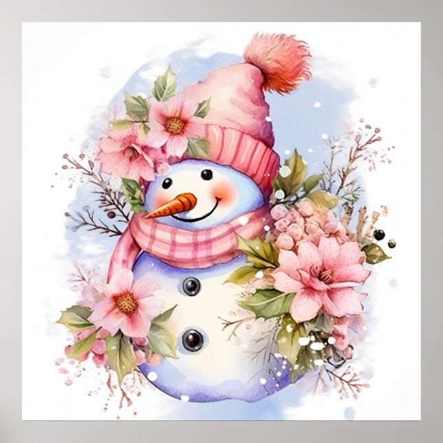 Festive pink Christmas snow woman Poster (Front)