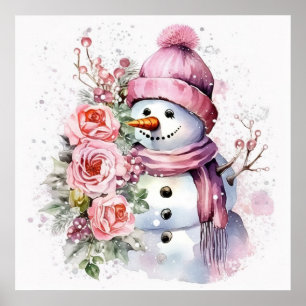 Festive pink Christmas snow woman  Poster