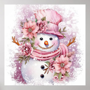Festive pink Christmas snow woman  Poster