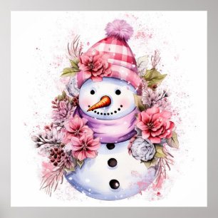 Festive pink Christmas snow woman Poster