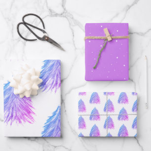 Festive Pink Christmas Tree Watercolor Holiday Wrapping Paper Sheet