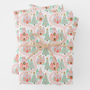 Festive Pink Christmas Village Wrapping Paper