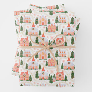 Festive Pink Christmas Village Wrapping Paper