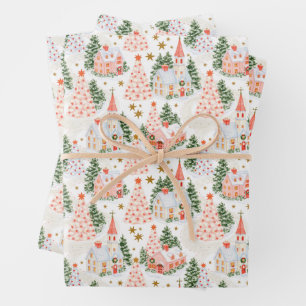 Festive Pink Christmas Village Wrapping Paper