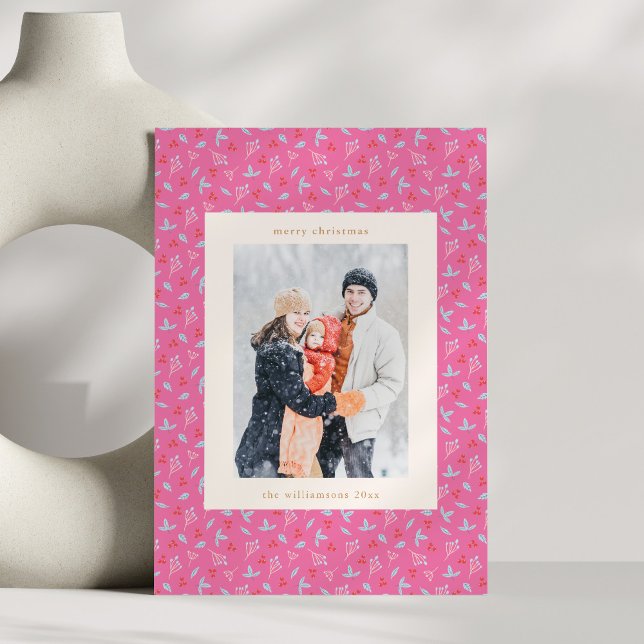 Festive Pink Cute Botanical Christmas Photo Holiday Card (Creator Uploaded)