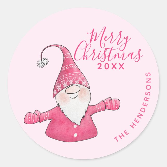 Festive Pink Cute Gnome Custom Merry Christmas Classic Round Sticker (Front)