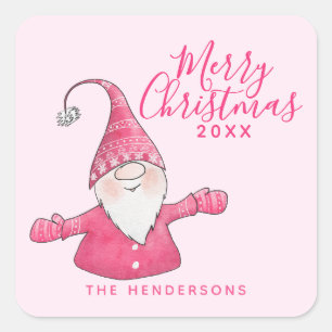 Festive Pink Cute Gnome Custom Merry Christmas Square Sticker