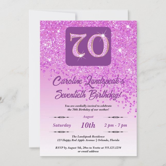 Festive Pink Glitter 70th Birthday Invitation (Front)