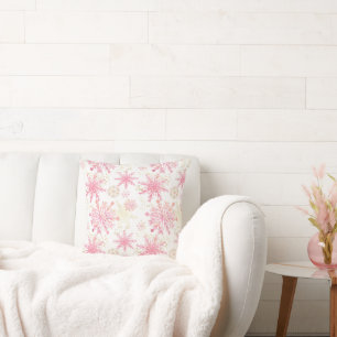 Festive pink gold snowflakes tiled pattern cushion