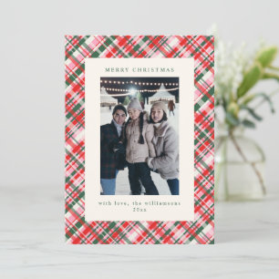 Festive Pink Green Plaid Christmas Photo Letter Holiday Card