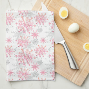 Festive Pink Grey snowflake tiled pattern Tea Towel