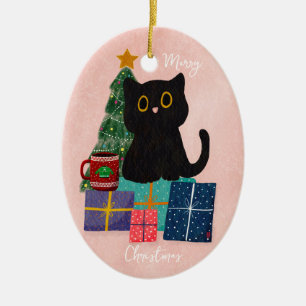Festive Pink Merry Christmas Cute Black Cat Coffee Ceramic Tree Decoration