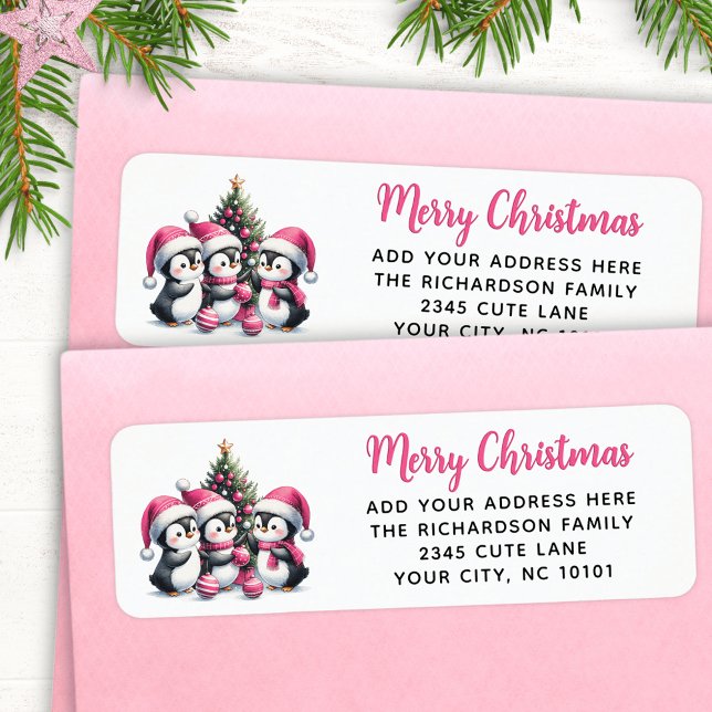 Festive Pink Merry Christmas Three Cute Penguins (Creator Uploaded)