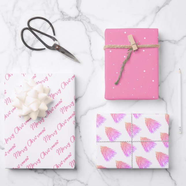 Festive Pink Merry Christmas Tree Watercolor  Wrapping Paper Sheet (Front)
